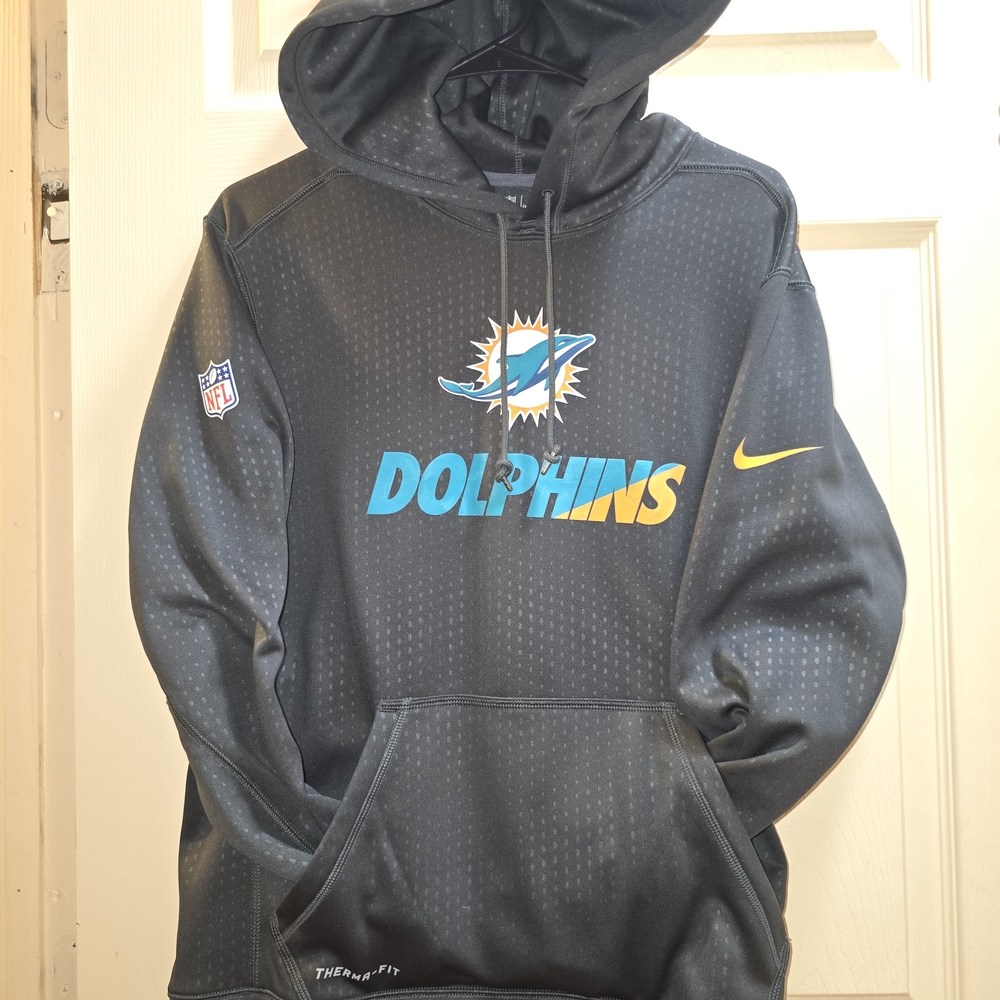 🔥2for$20 NFL Nike Miami Dolphins Therma-Fit Black Hoodie With NFL & Nike Logos